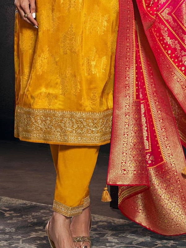 Yellow Jacquard Weaving Kurti Pant With Red Dupatta
