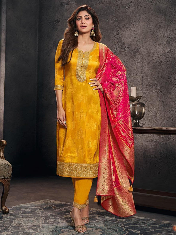 Yellow Jacquard Weaving Kurti Pant With Red Dupatta