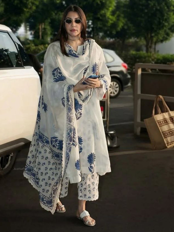 Anushka Sharma Inspired White Block Print Cotton Suit Set