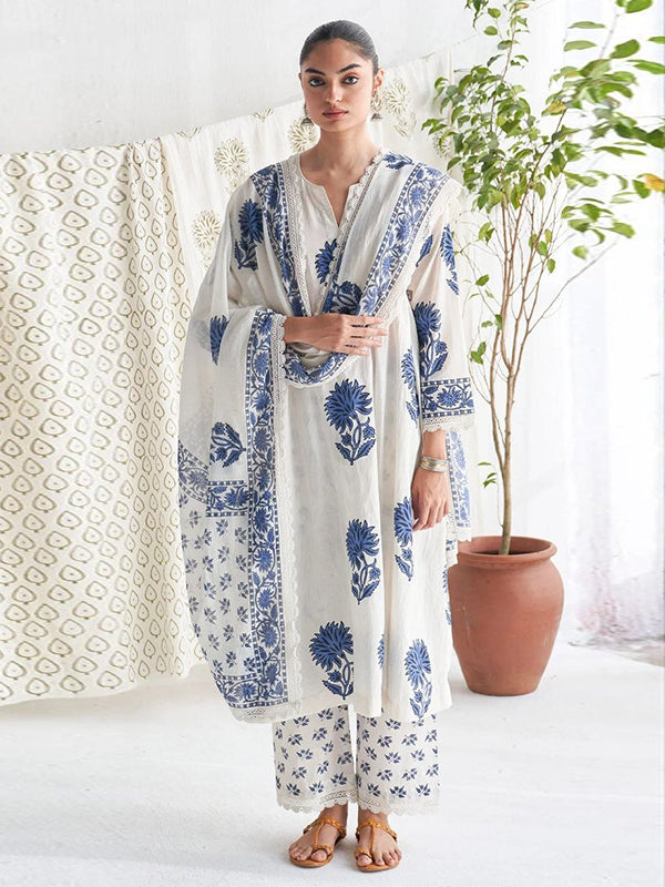 Anushka Sharma Inspired White Block Print Cotton Suit Set