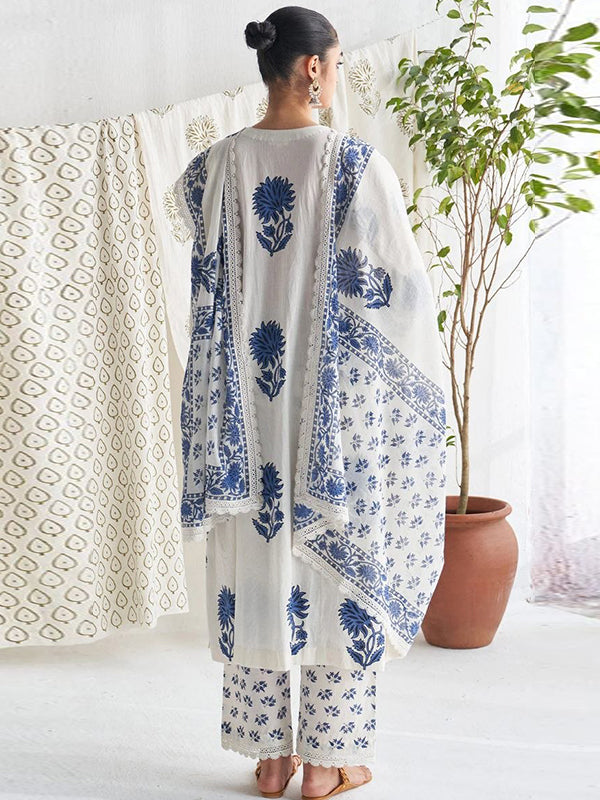 Anushka Sharma Inspired White Block Print Cotton Suit Set