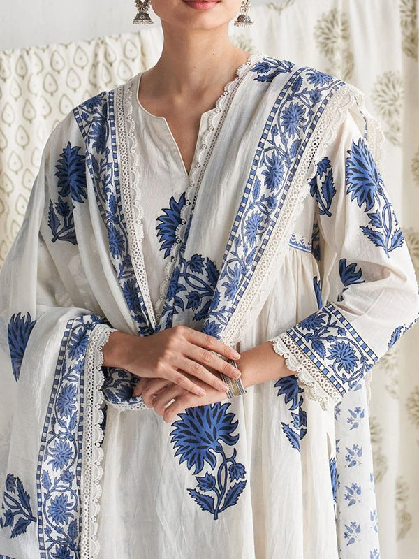 Anushka Sharma Inspired White Block Print Cotton Suit Set