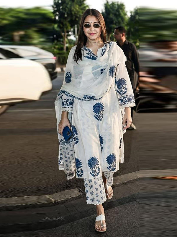 Anushka Sharma Inspired White Block Print Cotton Suit Set