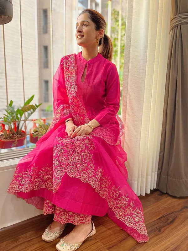 Pink Pure Cotton Embroidery Work Kurti Palazzo With Organza Dupatta