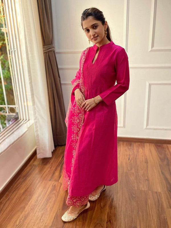 Pink Pure Cotton Embroidery Work Kurti Palazzo With Organza Dupatta