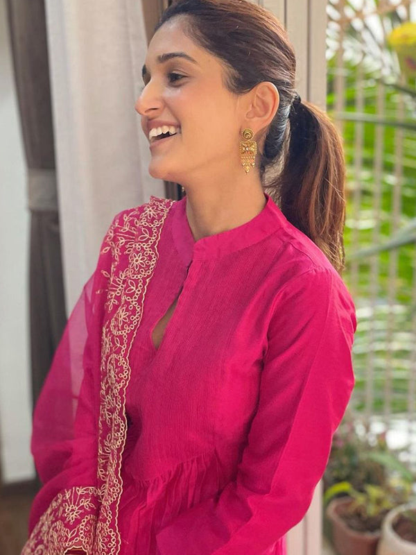 Pink Pure Cotton Embroidery Work Kurti Palazzo With Organza Dupatta