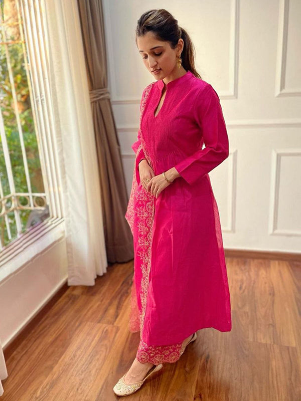 Pink Pure Cotton Embroidery Work Kurti Palazzo With Organza Dupatta