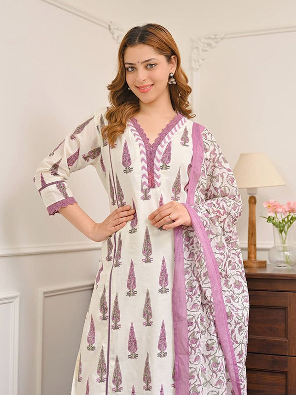 White With Pink Bagru Print Jaipuri Cotton Kurti Pant With Dupatta