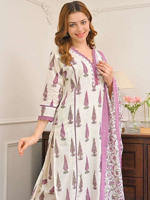 White With Pink Bagru Print Jaipuri Cotton Kurti Pant With Dupatta