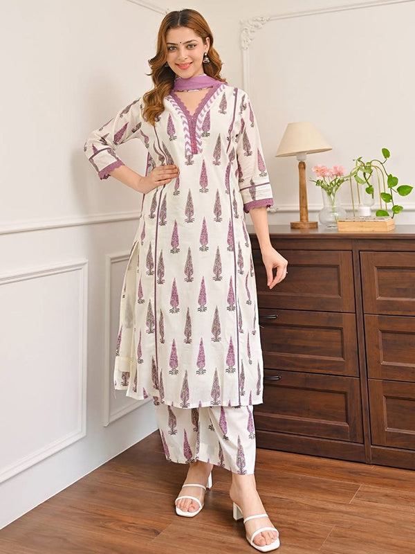 White With Pink Bagru Print Jaipuri Cotton Kurti Pant With Dupatta