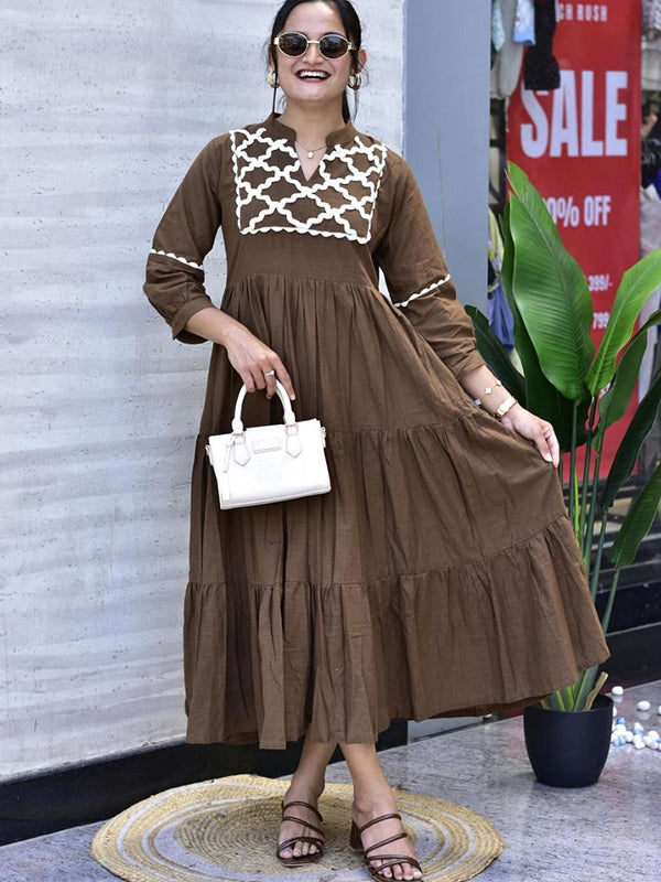Brown Hand Work Neck Jaipuri Cotton Flared Gown