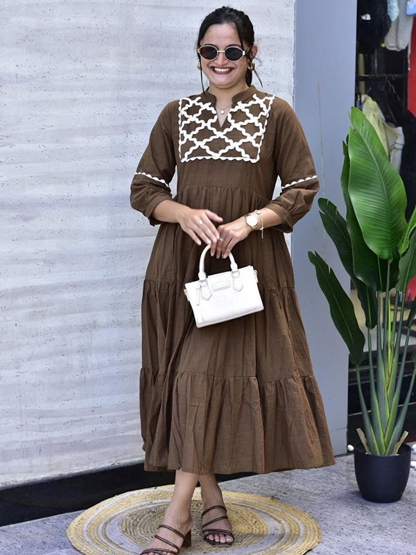 Brown Hand Work Neck Jaipuri Cotton Flared Gown
