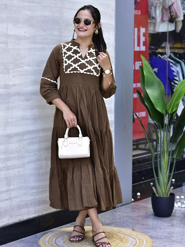 Brown Hand Work Neck Jaipuri Cotton Flared Gown