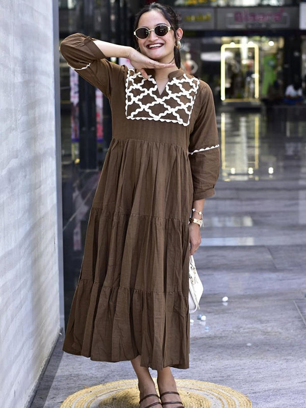 Brown Hand Work Neck Jaipuri Cotton Flared Gown