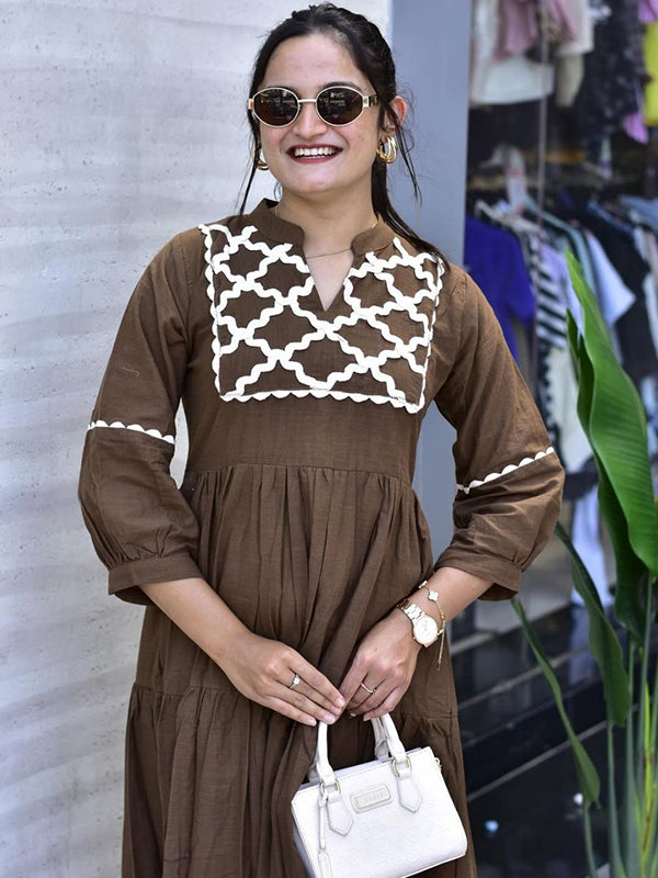 Brown Hand Work Neck Jaipuri Cotton Flared Gown