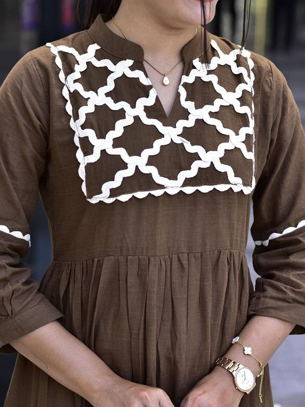 Brown Hand Work Neck Jaipuri Cotton Flared Gown
