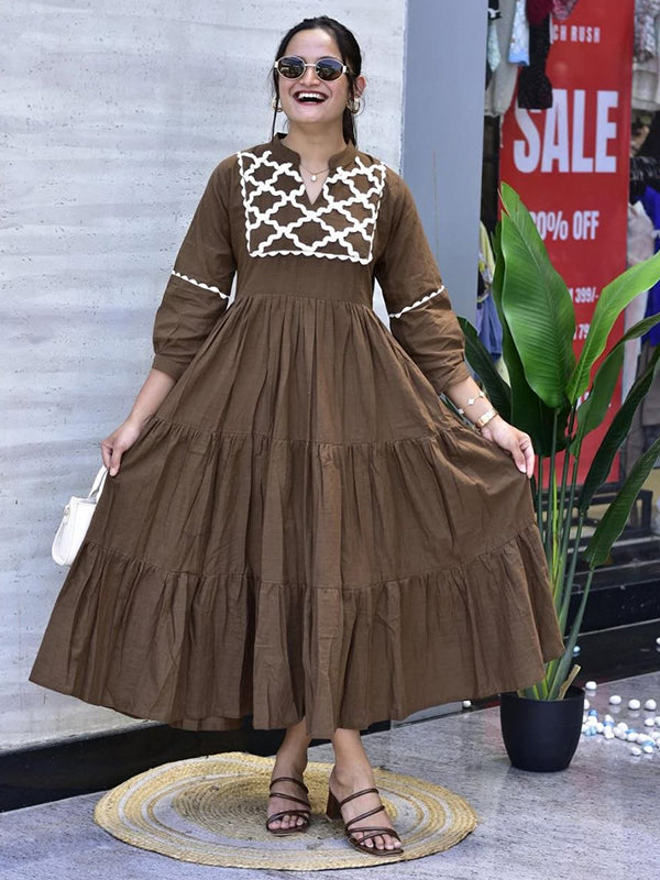 Brown Hand Work Neck Jaipuri Cotton Flared Gown