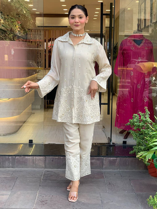 White Chanderi Silk Embroidery Work Co-ord Set