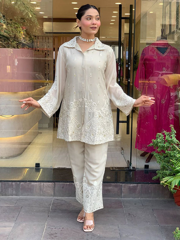 White Chanderi Silk Embroidery Work Co-ord Set