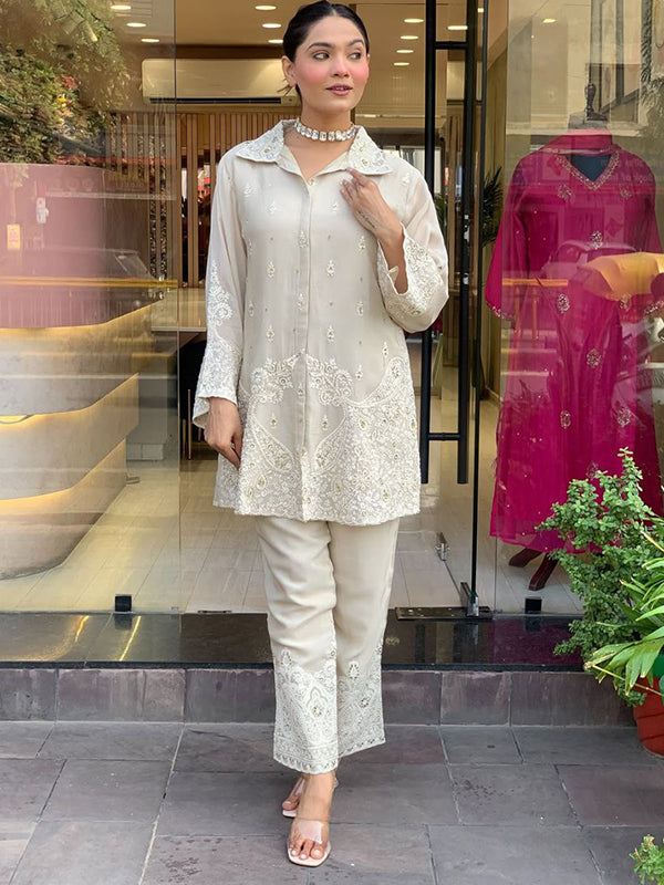 White Chanderi Silk Embroidery Work Co-ord Set