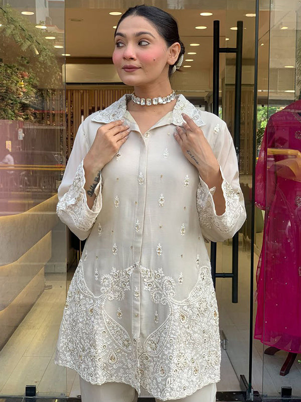 White Chanderi Silk Embroidery Work Co-ord Set