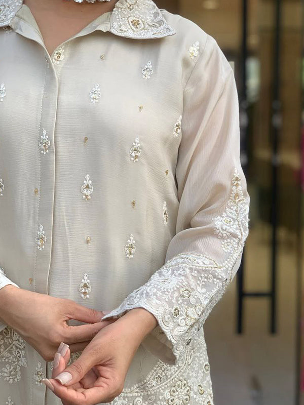 White Chanderi Silk Embroidery Work Co-ord Set