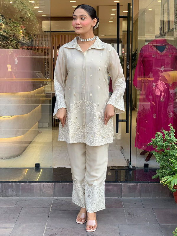 White Chanderi Silk Embroidery Work Co-ord Set