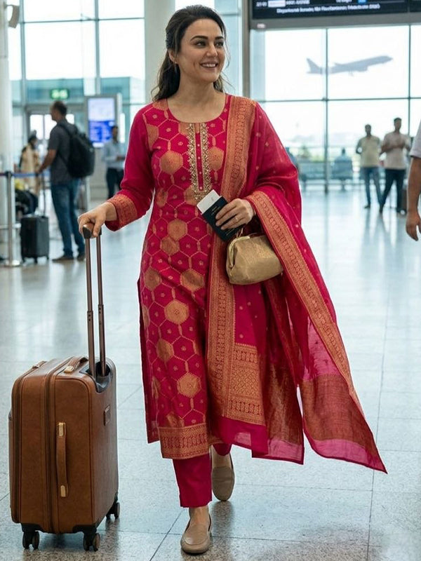 Pink Banarasi Jacquard Weaving Kurti Pant With Dupatta