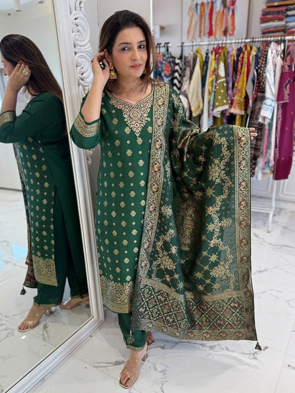 Green Banarasi Jacquard Weaving Kurti Pant With Dupatta