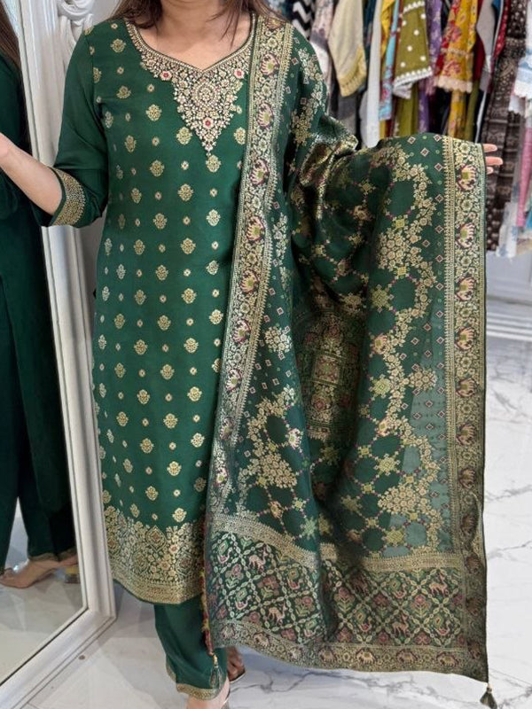 Green Banarasi Jacquard Weaving Kurti Pant With Dupatta