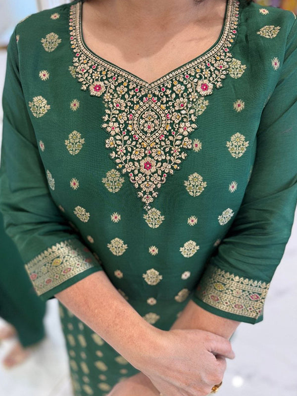 Green Banarasi Jacquard Weaving Kurti Pant With Dupatta