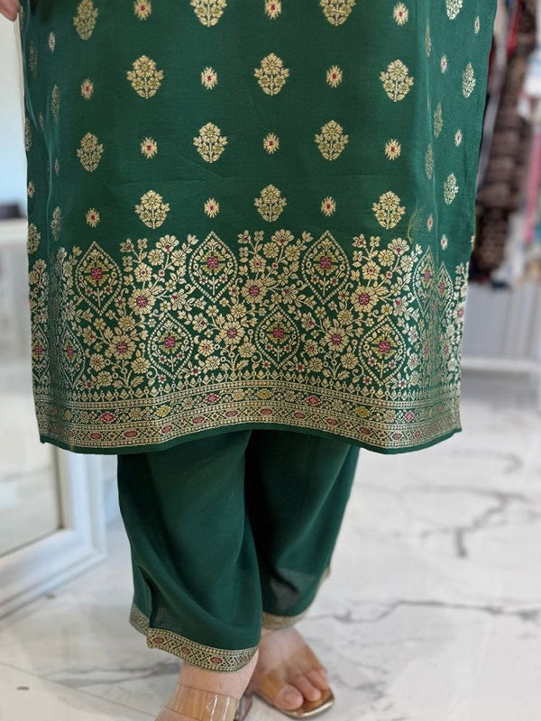 Green Banarasi Jacquard Weaving Kurti Pant With Dupatta