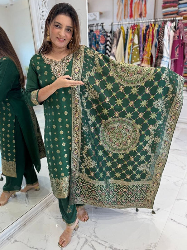 Green Banarasi Jacquard Weaving Kurti Pant With Dupatta