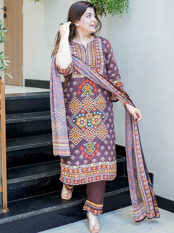 Wine Embroidery Work Burbary Silk Kurti Pant With Chanderi Dupatta