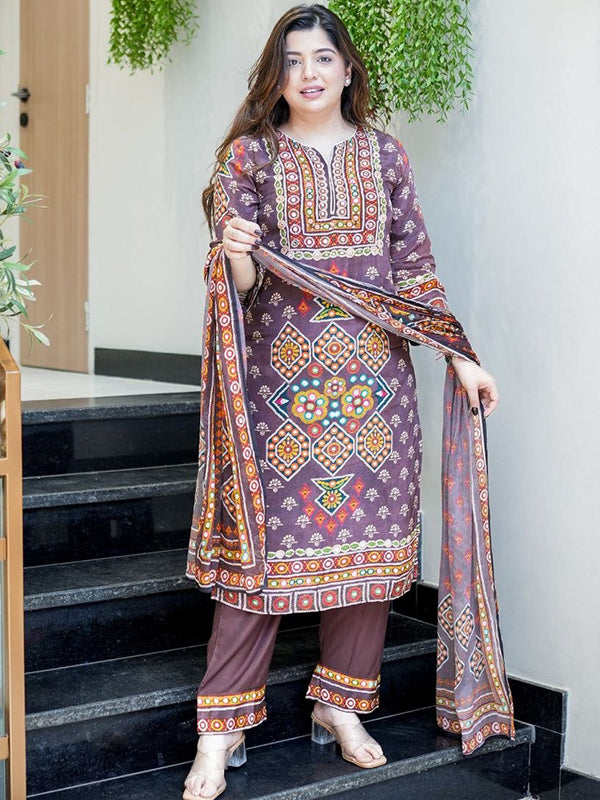 Wine Embroidery Work Burbary Silk Kurti Pant With Chanderi Dupatta