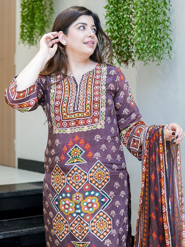 Wine Embroidery Work Burbary Silk Kurti Pant With Chanderi Dupatta