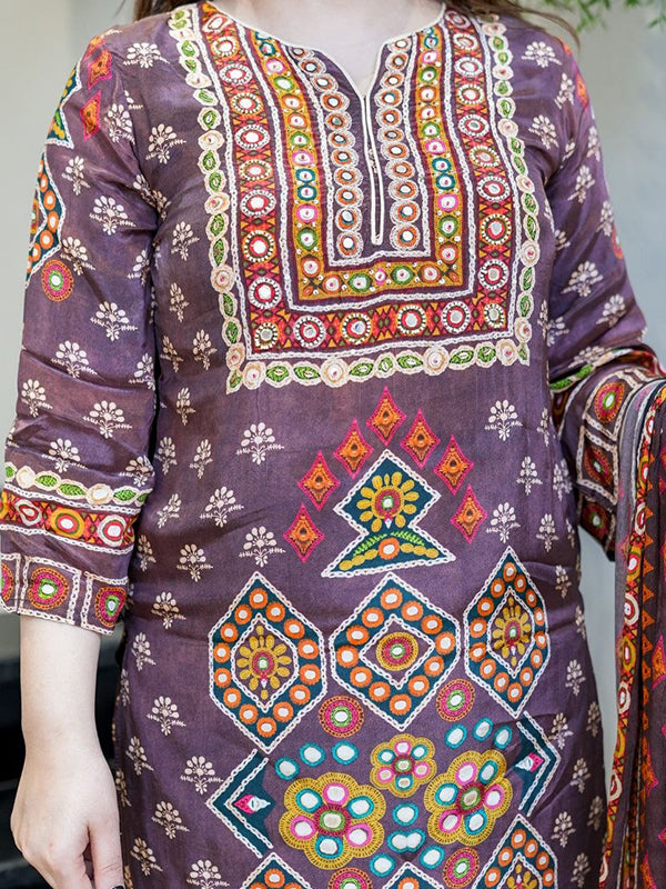 Wine Embroidery Work Burbary Silk Kurti Pant With Chanderi Dupatta