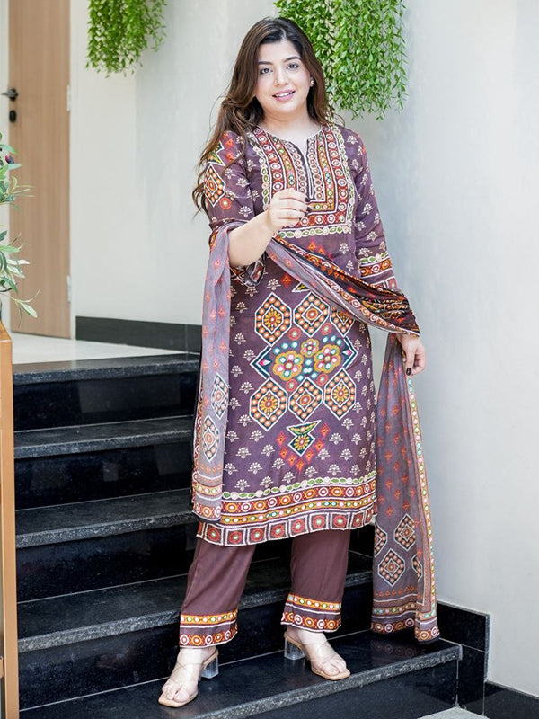 Wine Embroidery Work Burbary Silk Kurti Pant With Chanderi Dupatta