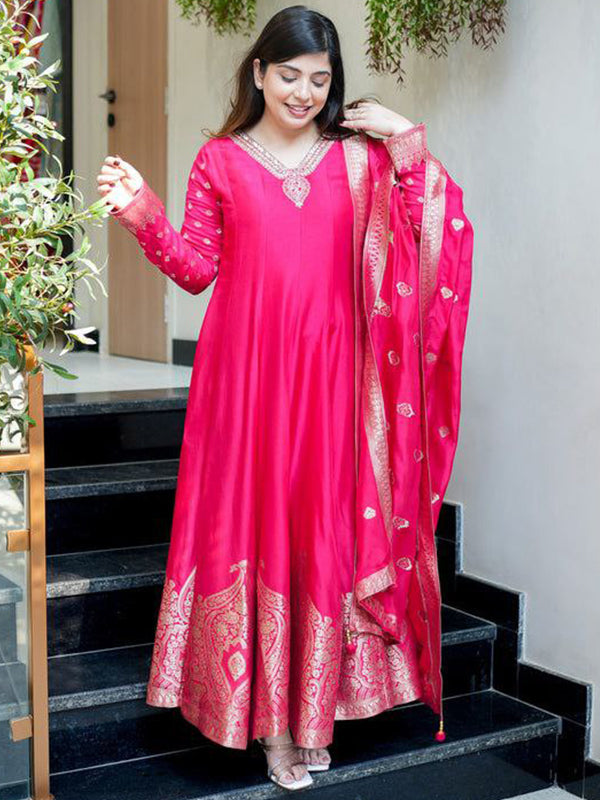 Pink Banarasi Zari Weaving Anarkali Kurti Pant With Dupatta