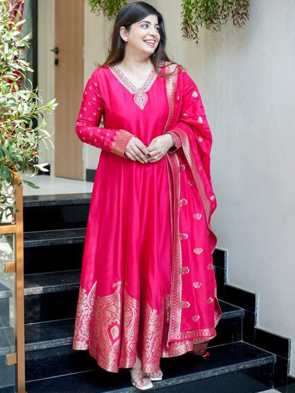 Pink Banarasi Zari Weaving Anarkali Kurti Pant With Dupatta