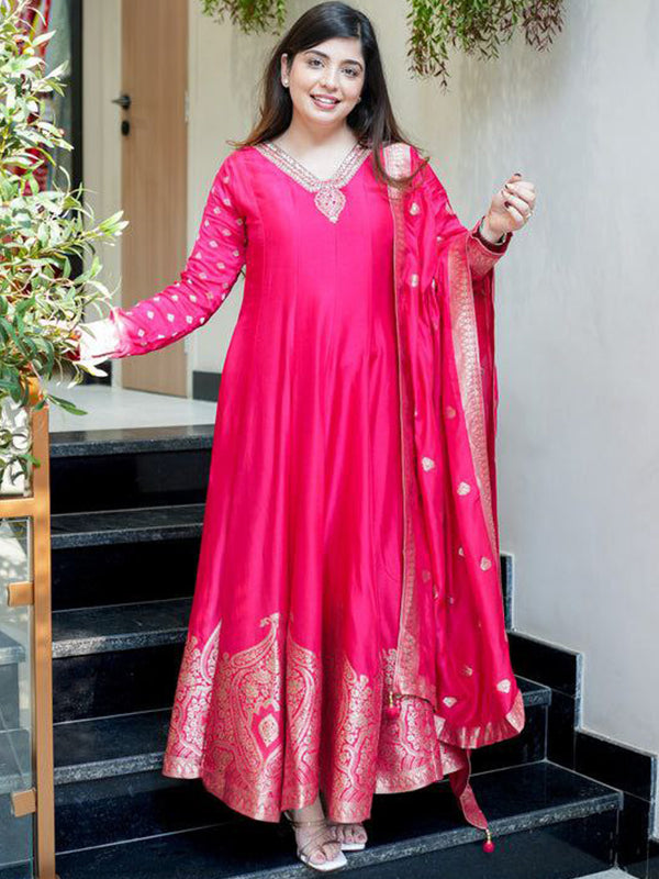 Pink Banarasi Zari Weaving Anarkali Kurti Pant With Dupatta