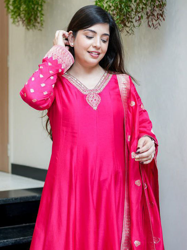 Pink Banarasi Zari Weaving Anarkali Kurti Pant With Dupatta