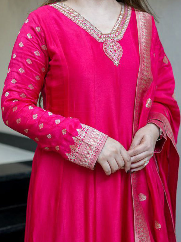 Pink Banarasi Zari Weaving Anarkali Kurti Pant With Dupatta