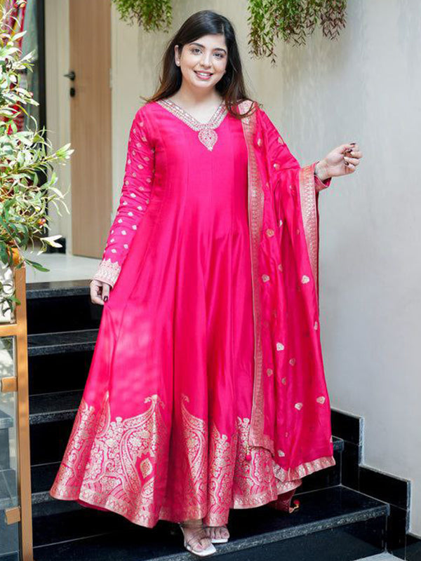 Pink Banarasi Zari Weaving Anarkali Kurti Pant With Dupatta