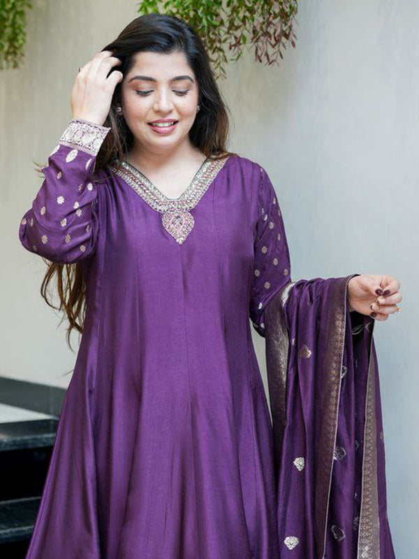 Purple Banarasi Zari Weaving Anarkali Kurti Pant With Dupatta