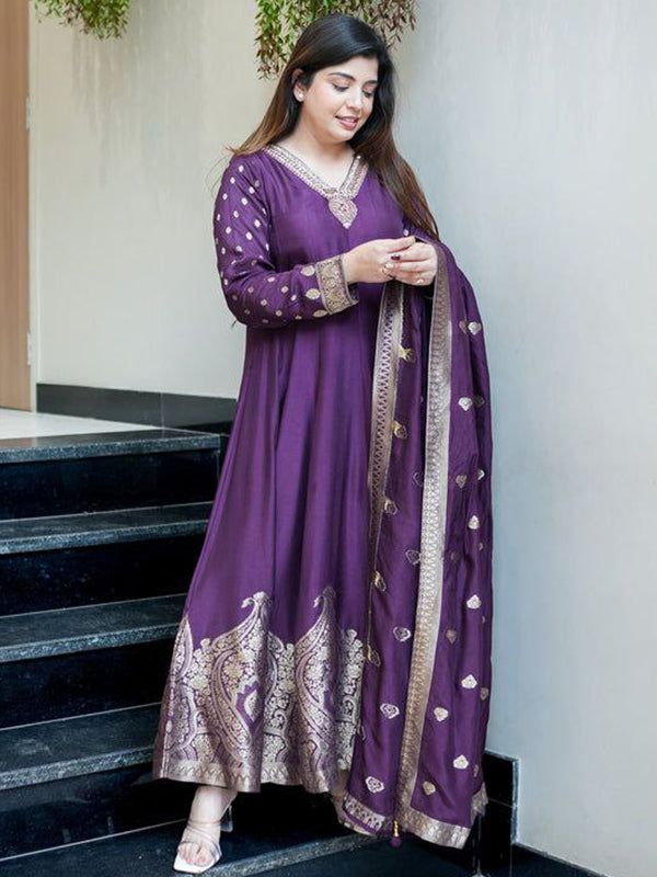 Purple Banarasi Zari Weaving Anarkali Kurti Pant With Dupatta