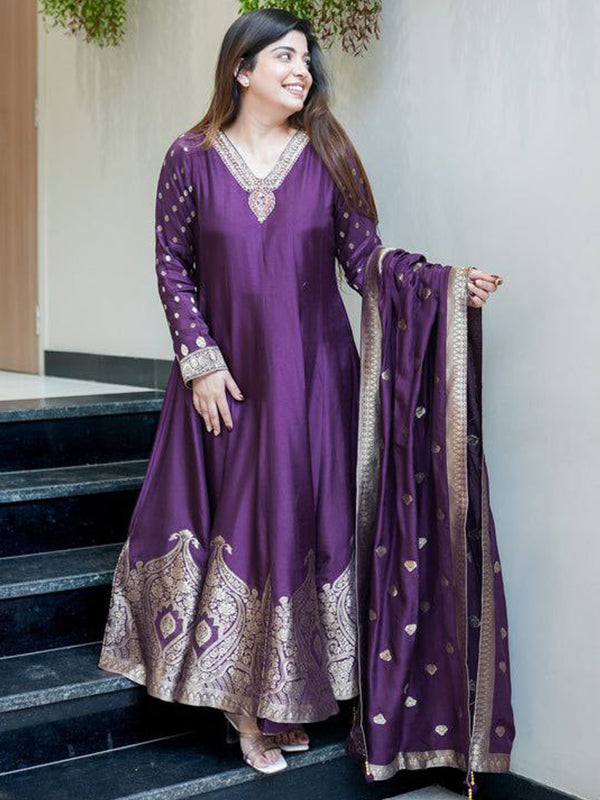 Purple Banarasi Zari Weaving Anarkali Kurti Pant With Dupatta