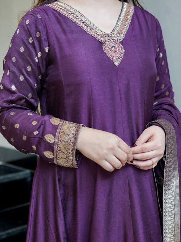 Purple Banarasi Zari Weaving Anarkali Kurti Pant With Dupatta
