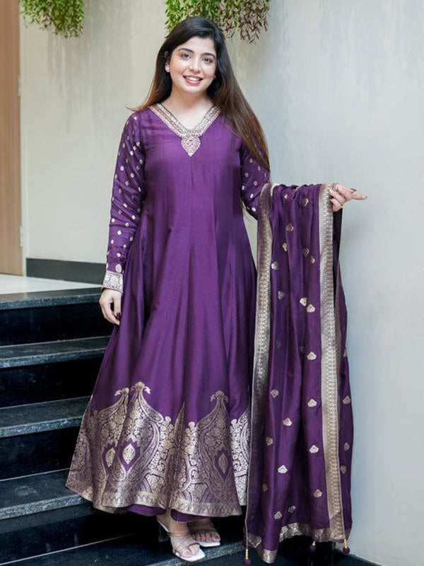 Purple Banarasi Zari Weaving Anarkali Kurti Pant With Dupatta