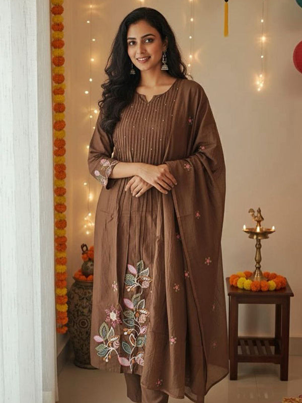 Brown Embroidery Work Pure Cotton Kurti Pant With Dupatta